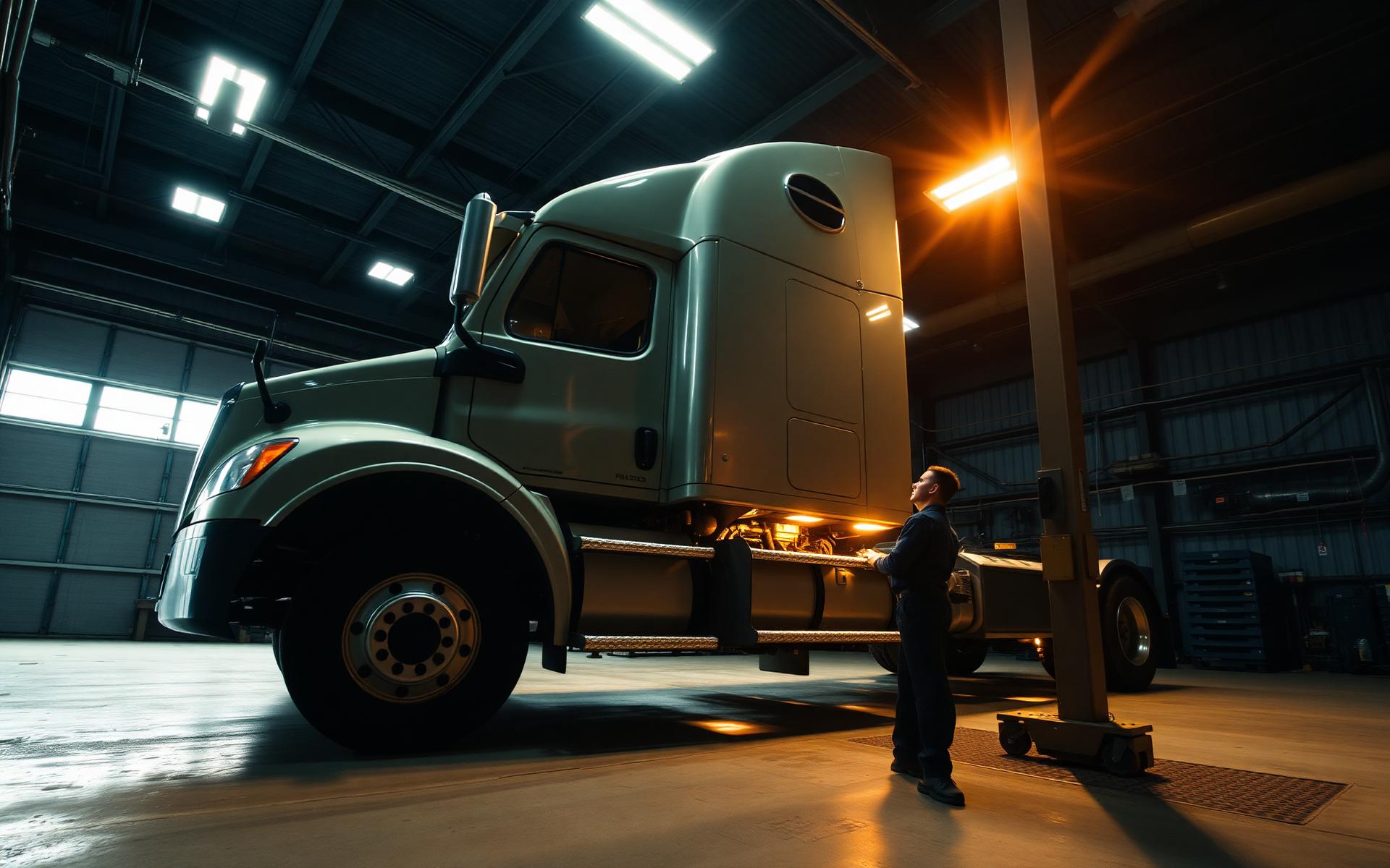Heavy-duty truck being serviced in industrial repair bay